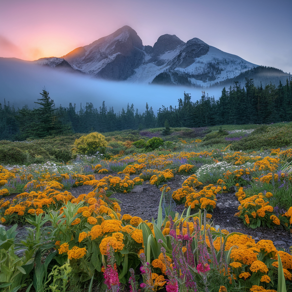 Natures Awakening: Misty Mountains and Flower-Filled Sunrise powerpoint background