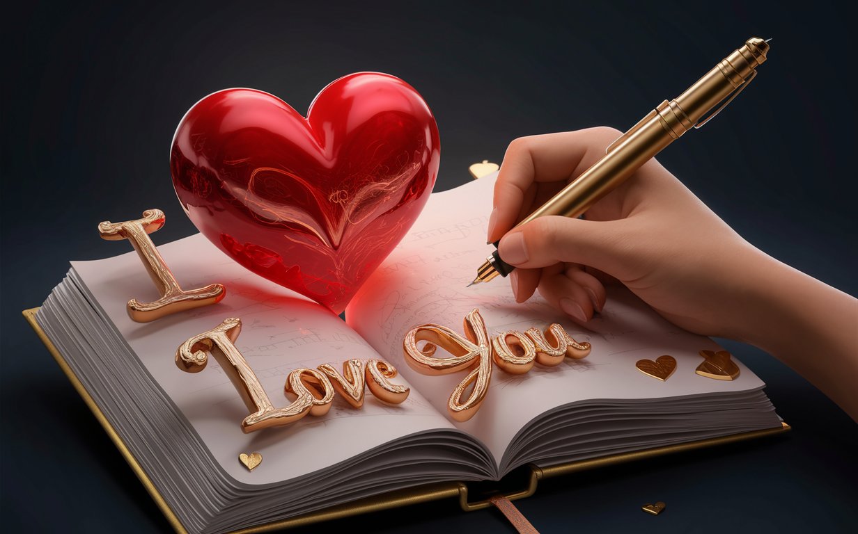 Red Heart Sketch with Golden Pen and I Love You powerpoint background